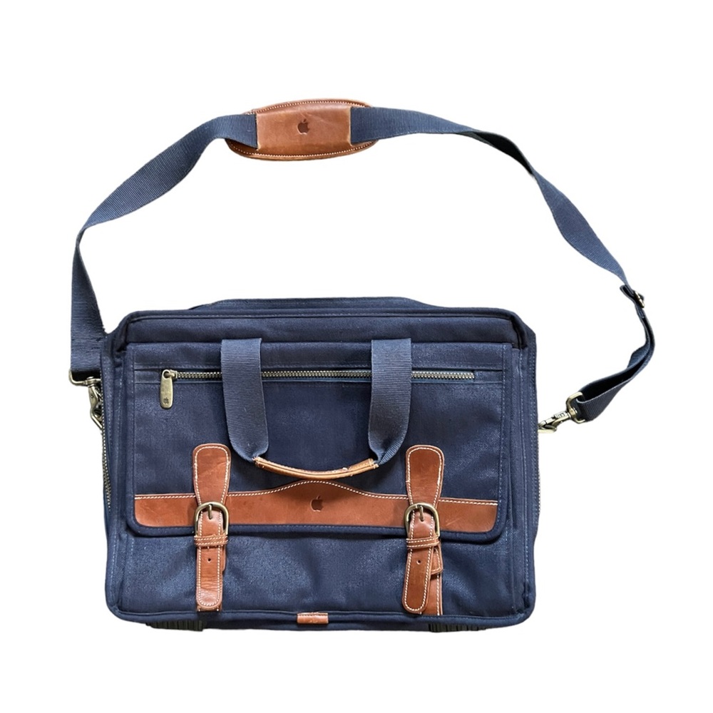 Apple Laptop Bag Mac Computer Shoulder Messenger Leather Accents Navy Canvas EUC